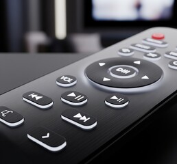 Obraz premium Close-up of a black remote control with various buttons, including play, pause, volume, and directional controls, in a blurred living room setting.