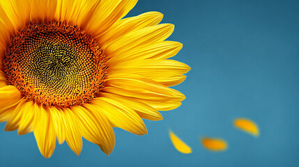 Obraz premium Sunflower close-up, bright yellow petals and orange disk, showing vitality and vigor against the blue background, suitable for decoration and design