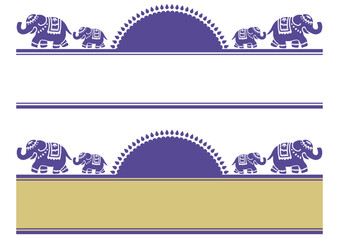 アジア風のタイトルフレームセット。象のイラスト装飾。パープル