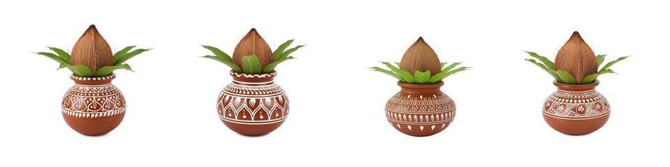 Set of traditional clay kalash pots with coconut and mango leaves for Indian Hindu puja and festival decoration, Traditional Kalash Pots.