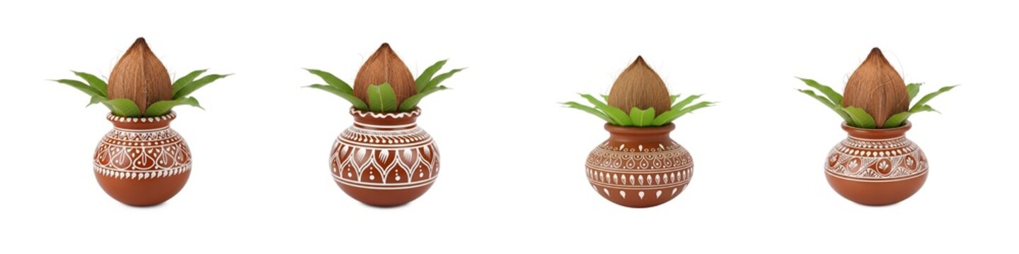 Set of traditional clay kalash pots with coconut and mango leaves for Indian Hindu puja and festival decoration, Traditional Kalash Pots.