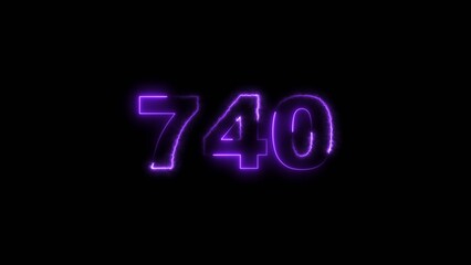 740 number countdown neon bright purple color 4k illustration. black background 4k illustration.