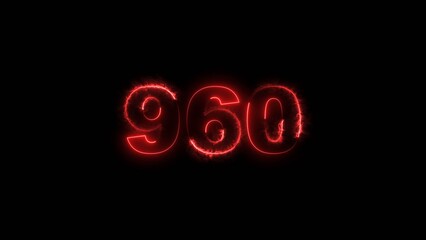 960 number neon bright red color 4k illustration. black background 4k illustration.