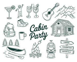 Whimsical Cabin Party Vector Set – Hand Drawn Illustrations Featuring Cozy Cabins, Campfires, Forest Scenes, Rustic Decor, and Playful Elements for Outdoor-Themed Design Projects.

