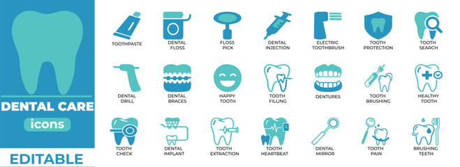 Editable dental care icons for clinics, hygiene, and health design