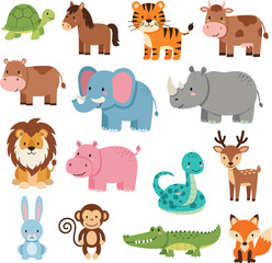 Cartoon animal set featuring turtle, horse, tiger, elephant, monkey, crocodile, fox, and more, vector illustration isolated on white
