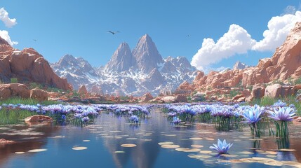 Majestic Mountain Lake: A breathtaking landscape view of a serene mountain lake, reflecting snow-capped peaks under a clear blue sky, surrounded by vibrant aquatic plants.