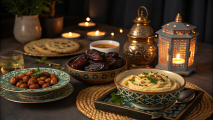 Fototapeta premium Traditional Middle Eastern iftar setup, dates, hummus, candlelight glow