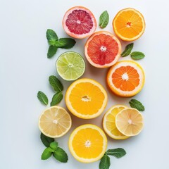 Fototapeta premium Colorful Fresh Citrus Fruits Sliced Grapefruit Orange Lemon Lime with Mint Leaves on White Background