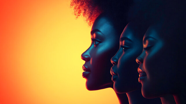 Woman face silhouette in profile with a group of African and African American women faces inside. Concept of racial equality antiracism and a woman who gives a voice to other women. Allyship,