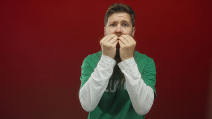 Volunteer man wearing a green volunteer shirt blows kisses with lips against a red studio wall;...