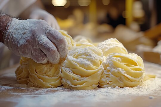 Fresh Pasta Making: An expert artisan's hands meticulously shape and prepare fresh pasta, dusted with flour, against a blurred backdrop, evoking culinary expertise and homemade delight.