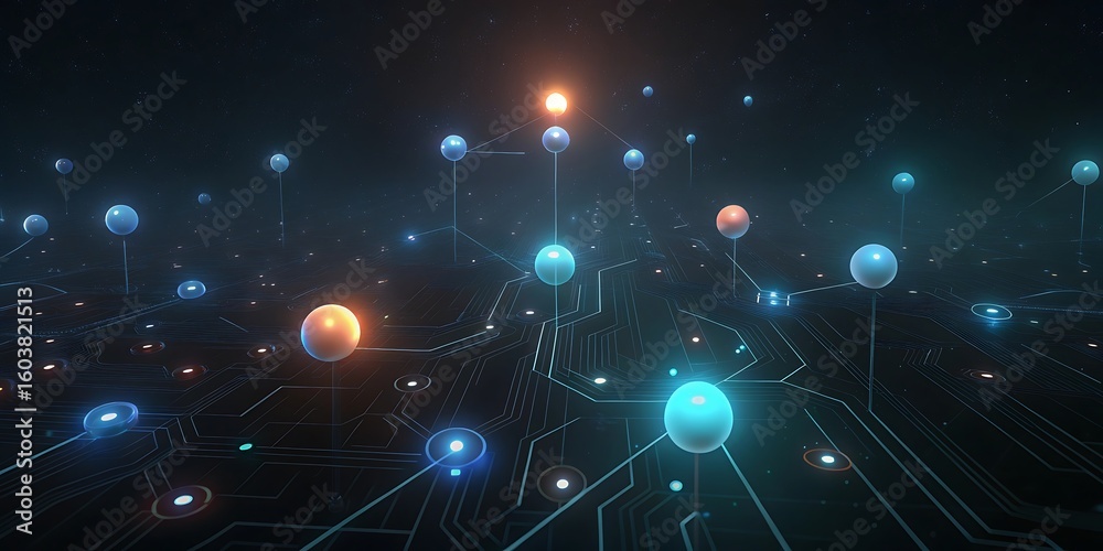 Poster a complex digital network of glowing spheres and circuits on a dark background representing data and