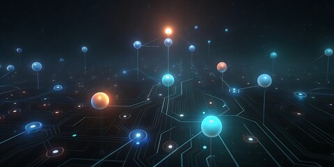 A complex digital network of glowing spheres and circuits on a dark background representing data and connectivity.