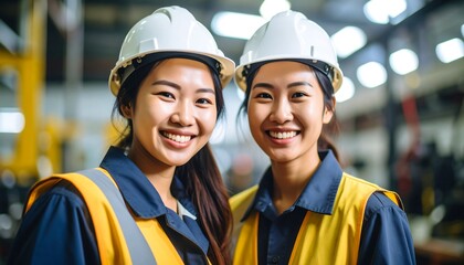 Two women in hard hats and vests smile
