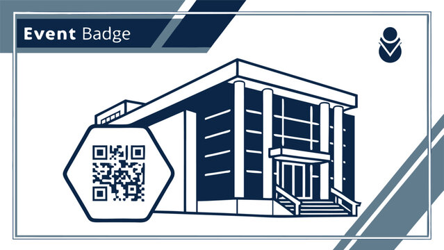 Modern event badge design featuring a stylized building with a prominent qr code for access and information