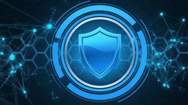 A blue shield is encircled by blue tech rings set against a digital network backdrop with hexagons and connected lines - Powered by Adobe