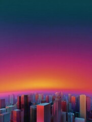 Fototapeta premium Digital illustration of a city skyline at sunset. the sky is a gradient of colors, with the top half being a deep blue and the bottom half a vibrant orange and pink.