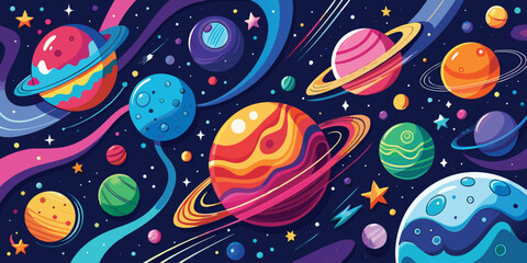 Colorful cartoon vector seamless pattern with stars, hearts, and flowers, perfect for whimsical wallpaper design or festive decoration