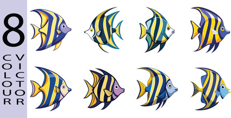 Fototapeta premium Eight Vibrant Cartoon Angelfish, Various Poses, Cheerful Style, White Background, Vector Illustration