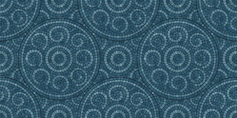 Seamless pattern blue Circular Mosaic. Decorative Antique Stone Ornament.