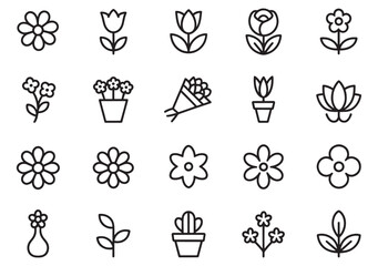 Collection of simple black line art flower icons and plants tulip rose