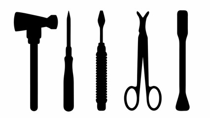 Silhouette depiction showing a hammer, two screwdrivers, scissors and a tool in a row on a white background