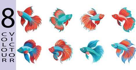 Eight vibrant vector illustrations of betta fish; red, orange, and teal color variations; playful, cartoon style.