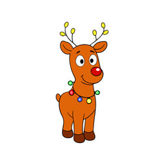 Cute cartoon reindeer with christmas lights and red nose
