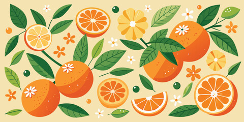Obraz premium Seamless pattern of fresh citrus fruits with oranges, lemons, and limes on a vibrant background, perfect for a healthy food illustration