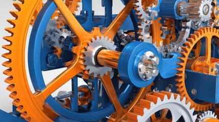 Close-up of intricate clockwork gears, predominantly blue and orange, intermeshing and rotating.  Metallic texture, highlighting precise engineering