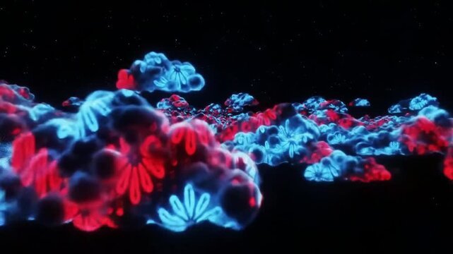 A mesmerizing animation of clouds with traditional batik floral patterns in glowing red and blue tones. This seamless loop blends culture and nature, ideal for creative backgrounds, abstract visuals.
