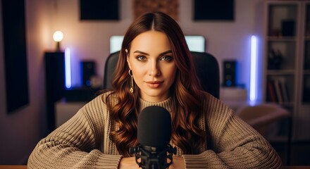 A woman sits looking at the camera in a room with a microphone, ready to stream or podcast. Podcasting, online broadcasting and content creator concept.