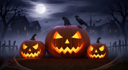 Halloween night scene with glowing carved pumpkins, a crow, and bats flying over a spooky house under a full moon.