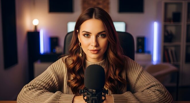 A woman sits looking at the camera in a room with a microphone, ready to stream or podcast. Podcasting, online broadcasting and content creator concept. - Powered by Adobe