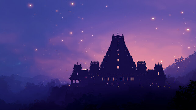 Elegant Padmanabhaswamy Utsavam banner, silhouette of the temple&rsquo;s iconic gopuram against a twilight sky, soft indigo-to-purple gradient background