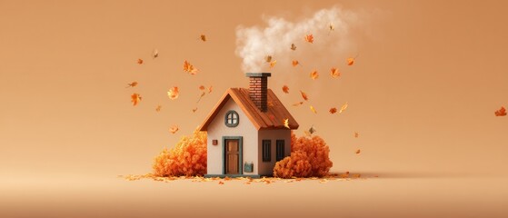 A tiny, cozy house with smoke coming out of the chimney and autumn leaves flying around on a solid background, in a minimalistic style. Vector illustration, flat design. 3D icon.
