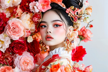 A woman in a kimono with flowers in her hair