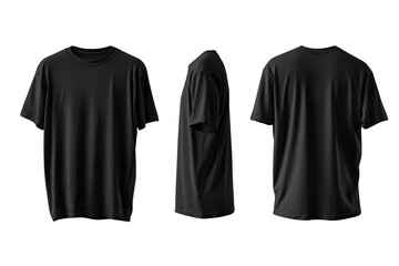  Black t-shirt mockup template with front, back, and side views isolated on a  Transparent background PNG