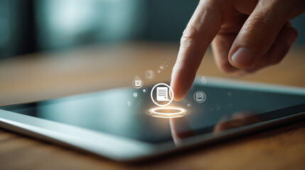 Person pushing a publish button on a digital tablet.