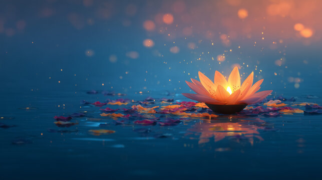Mahalaya Amavasya visual, symbolic diya floating on holy river with flower petals, soft sunset orange-to-midnight blue gradient background,