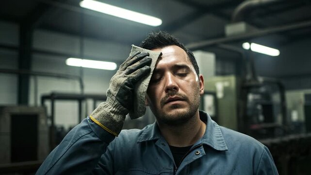Tired male factory worker wiping sweat from his forehead in an industrial setting
