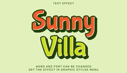 Sunny villa text effect typography design with bold colors on light background