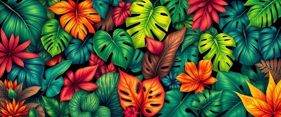 Vibrant collection of tropical leaves in diverse shapes and sizes, vector illustration,  leaves,  foliage