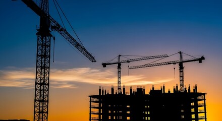 Heavy machinery and skeletal structures dominate the horizon, representing progress and infrastructure.