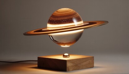 A wooden base with an LED lamp that is shaped like the planet Saturn, floating in mid-air above it. The planet's rings and glowing core can be seen through its transparent body. A.