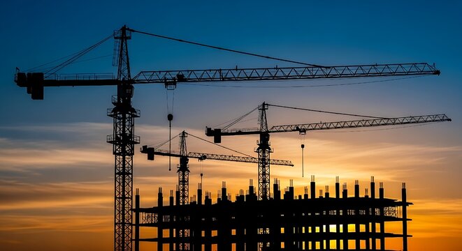 High-rise building under construction with multiple cranes, conveying ambitious urban planning.