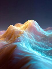 Abstract digital art piece that appears to be a close-up of a wave or ocean wave. the wave is made up of different shades of orange, pink, and blue, creating a gradient effect.