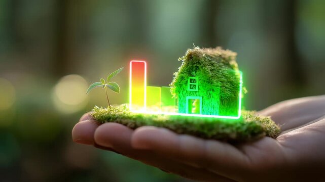 Moosbedecktes Haus mit Energieeffizienzsymbol in leuchtender Natur. K&uuml;nstliche Intelligenz KI