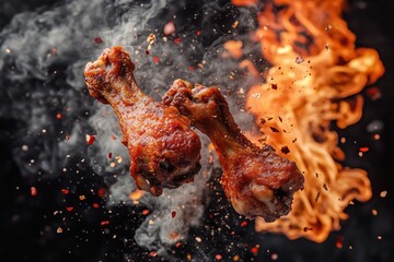 Hot chicken legs with flames and dynamic energy.